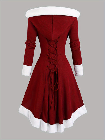 Women'S Vintage Christmas Party Dress - Long Formal gown with Hood, A-Line Silhouette, Drawstring Hood - Burgundy & White Holiday Outfit for Xmas, New Year'S Eve - Elegant Winter Evening Attire, Seasonal Celebration, Classic