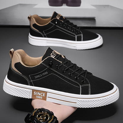 Men's Casual Low-Top Sneakers - Breathable Fabric  Durable PVC Sole, Black  Beige Contrast Design, Lace-Up Round Toe for All-Season Comfort, Versatile for Casual  Semi-Formal Wear, Comfortable Footwear, Fabric Upper