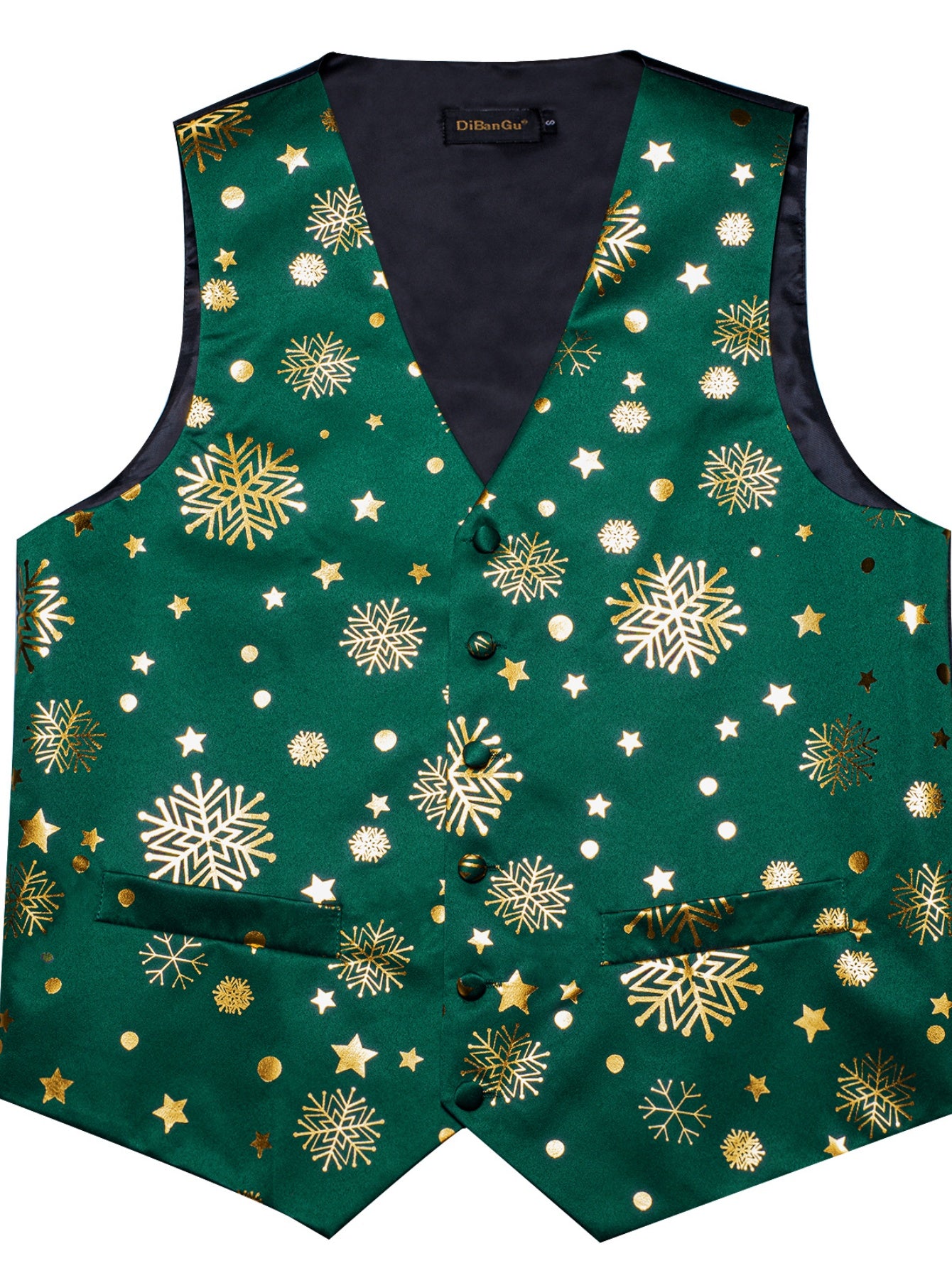 DOCAPEITON Men'S Christmas Vest - Formal & Casual Holiday Party Outfit with Button Front Closure, Non-Stretch Fabric - Green & Golden Snowflake, Tree, Firework Designs - Perfect for Xmas, New Year's, Weddings - Adult Men'S Fe