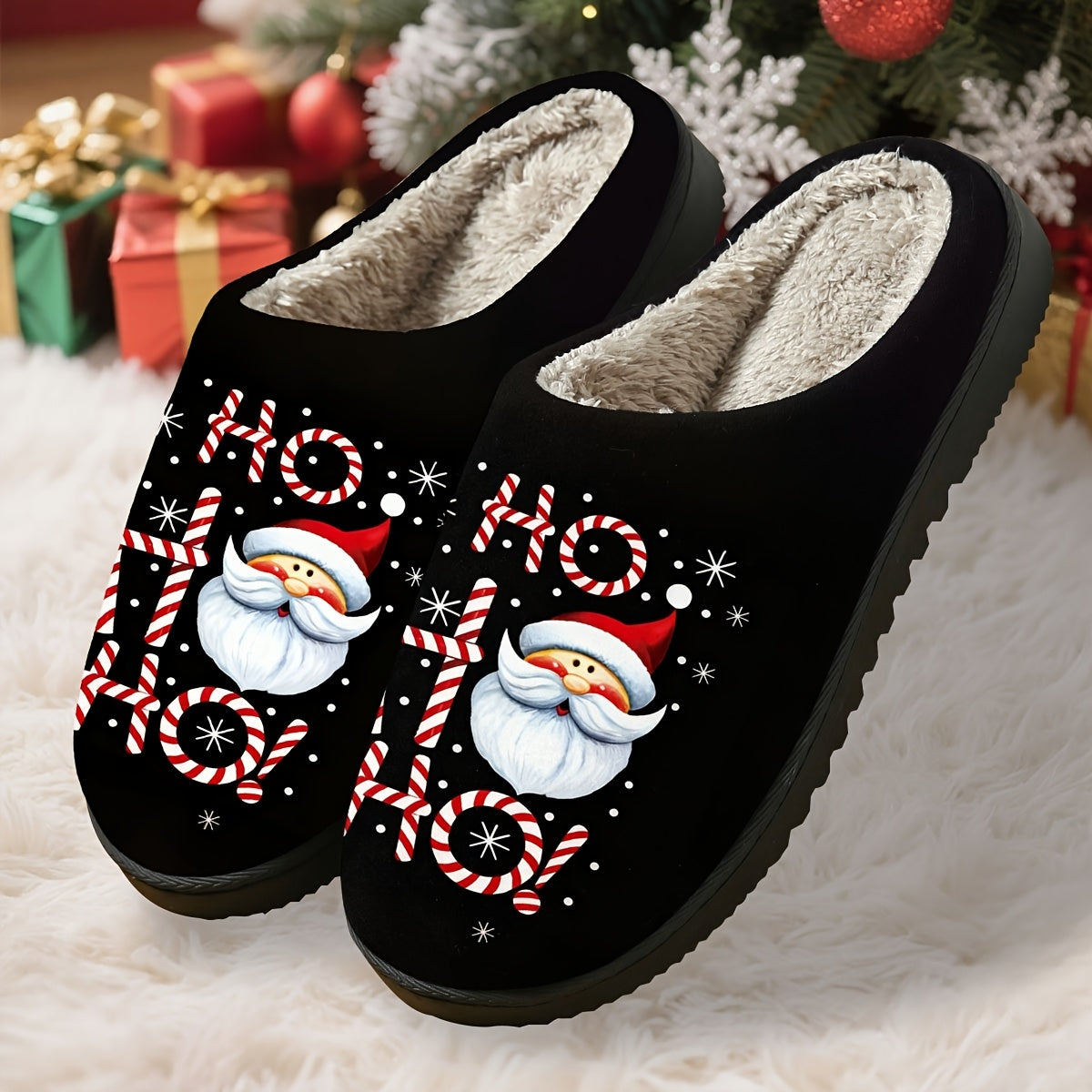 Christmas "HO HO HO" Santa Claus Letter -Lined Home Slippers, Soft and Beige-Friendly, Couples Men and Women Enjoy Festive Cuteness and Warm Comfort, Seasonal Comfort, Winter Footwear, Cute Holiday Design, Playful Footwear, D