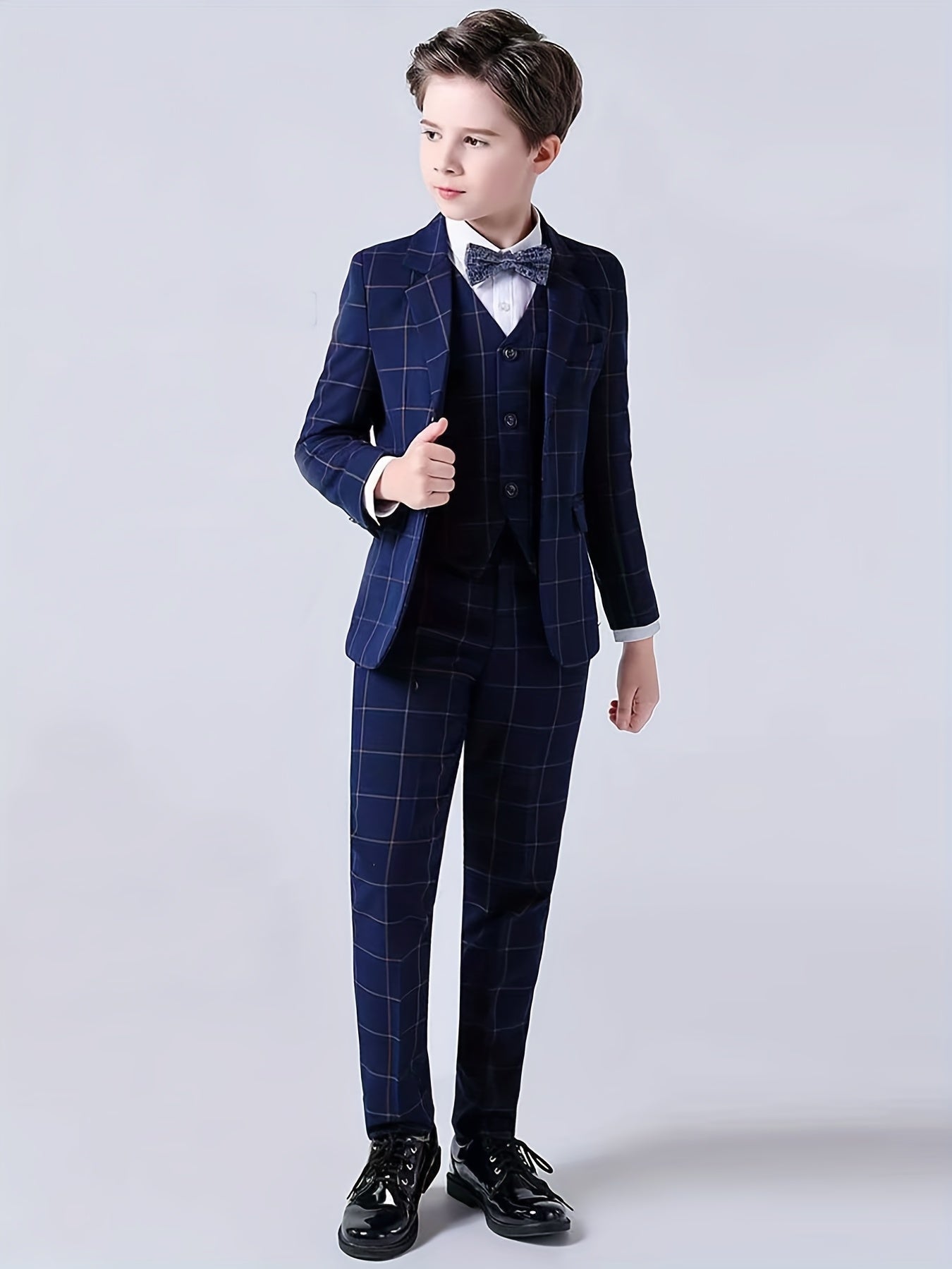 Boys' 4-Piece Plaid Suit Set with Vest and Bow Tie