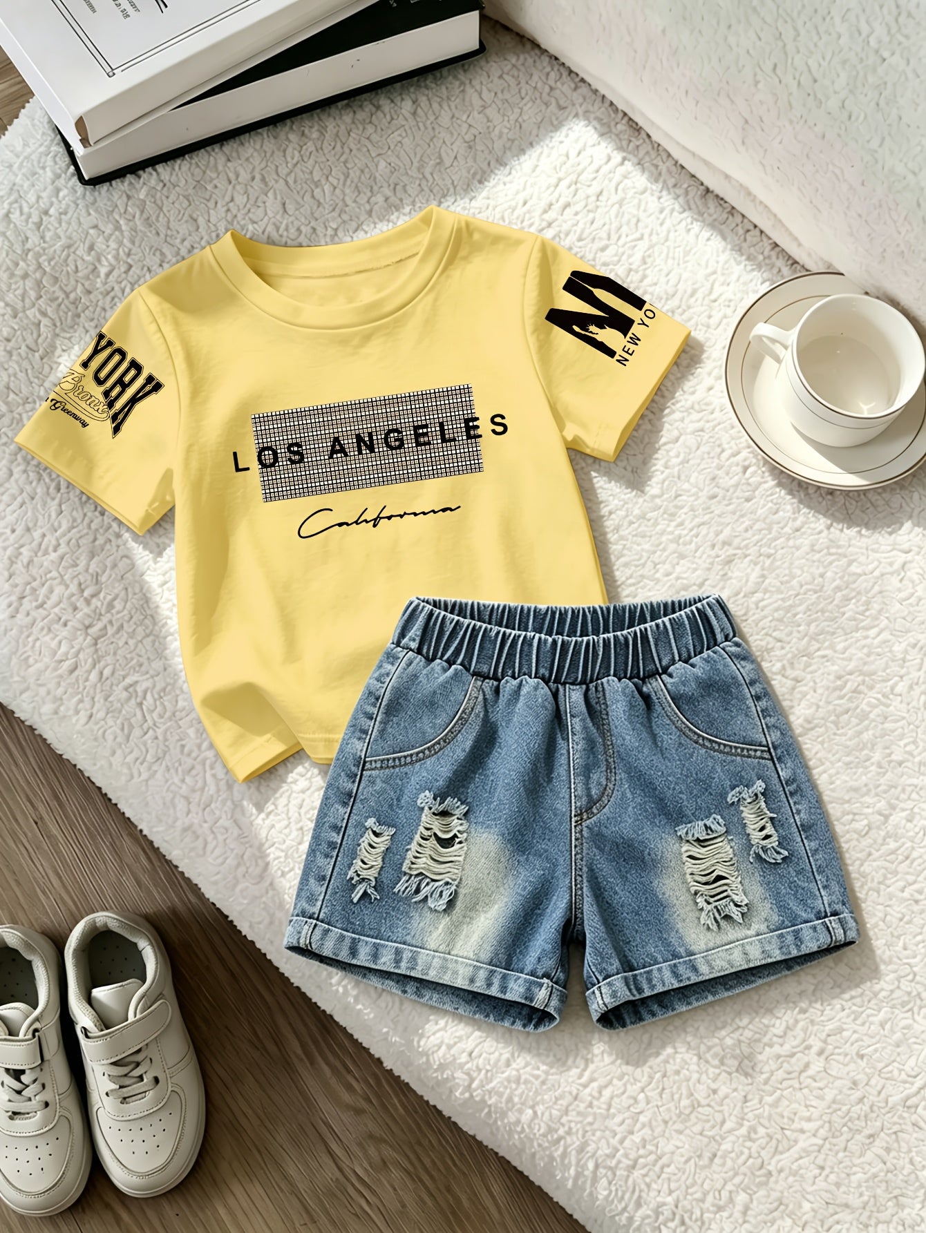 Summer Boys Los Angeles Print T-Shirt & Distressed Shorts Set