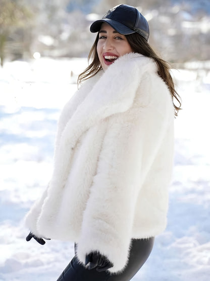 Women's Elegant Luxury Faux Fur Coat - Winter Warm Solid Black Outerwear with Plush Fur Collar, Machine Washable Winter Coat for Fall & Winter, Casual to Formal Events, Faux Fur Jacket for Women, Chic and Sophisticated Design