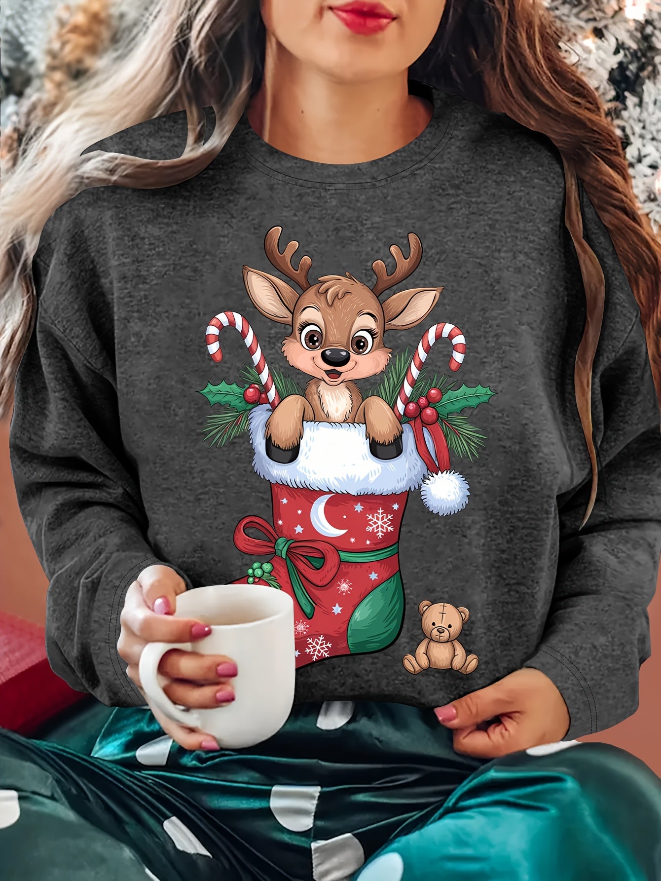 Women'S Christmas Sweater - Soft Pink Holiday Party Top with Deer in Santa Hat & Candy Cane Graphic, Cozy Long Sleeve Shirt for Christmas, New Year'S Eve, Everyday Winter Outfits - Sizes S-XXL (Extended Sizes Available) - Non