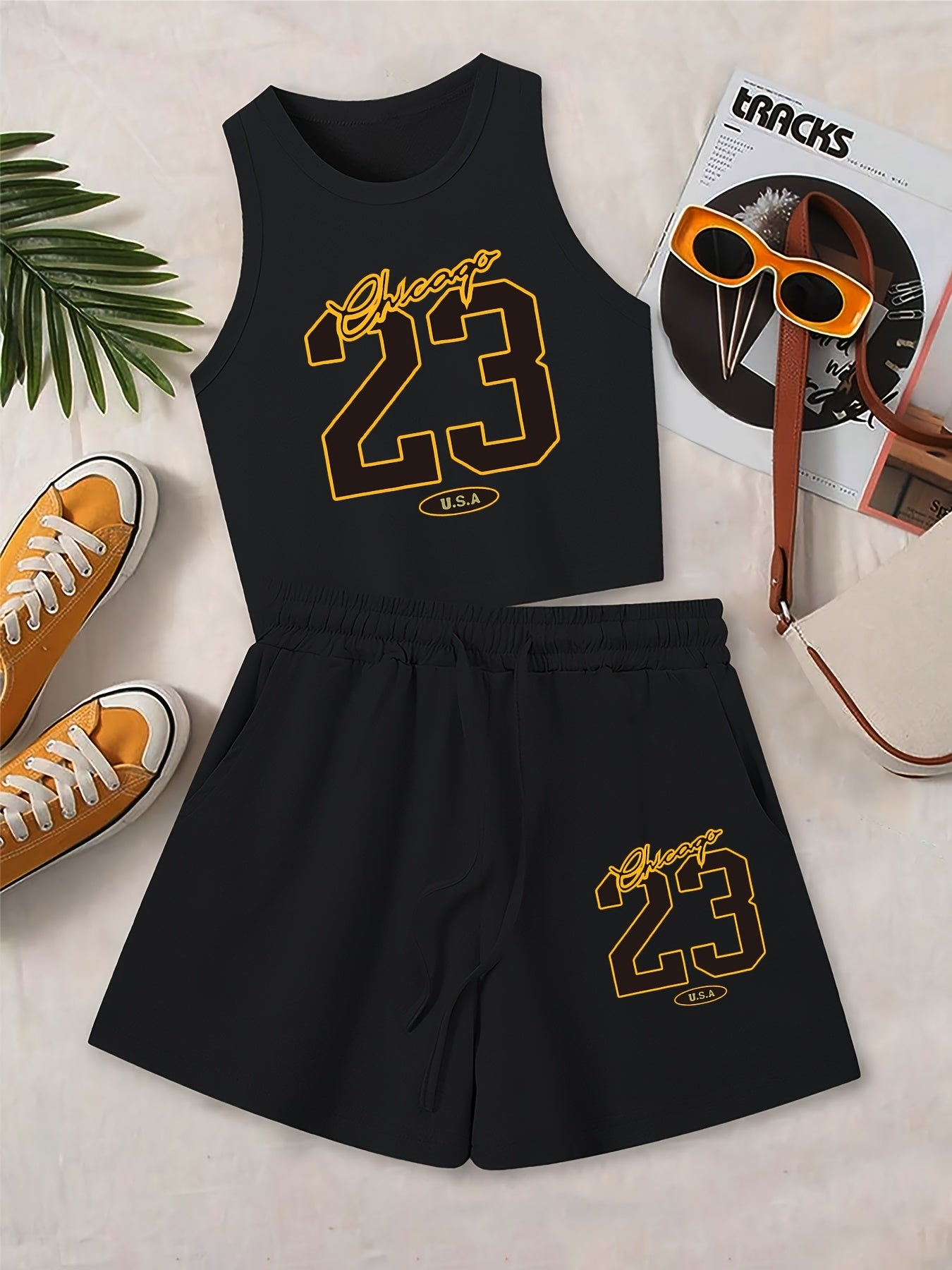 Women's Casual Printed Tank Top & Shorts Set with Pockets