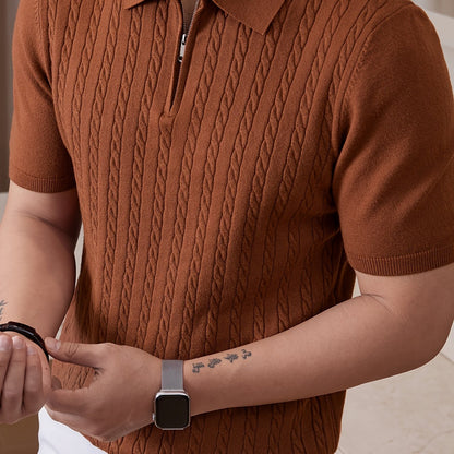 Men's Twisted Flower Knitted Shirt Short Sleeve Ribbed Knitted Shirt Spring and Autumn Lightweight Casual Texture Golf Shirt Collar Sweater Business Commuter Collar Bottom Shirt Top - ayq