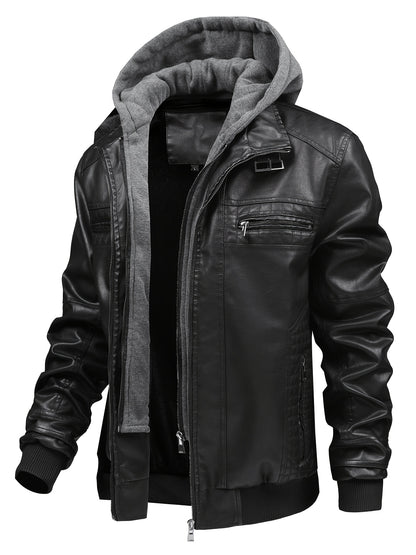 Men's Slim Fit Faux Leather Hooded Jacket for Fall Winter