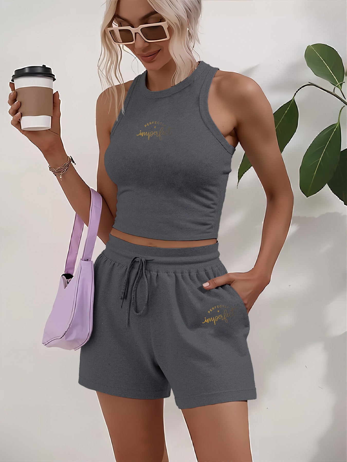 Women's Casual Two-Piece Set with English Print, Short Sleeve & Wide L