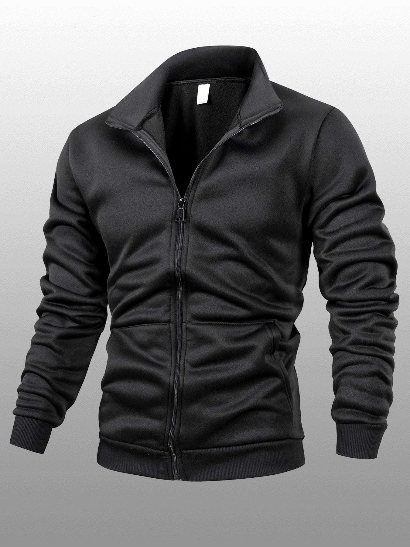 Men's Stand Collar Zip-Up Solid Color Fleece Jacket Long Sleeve Casual Sport Hoodless Coat with Large Side Pockets, Suitable for Daily Wear, Outdoor Activities, Hiking