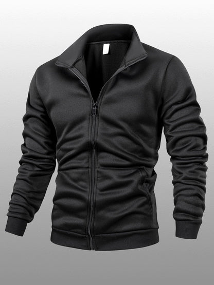 Men's Stand Collar Zip-Up Solid Color Fleece Jacket Long Sleeve Casual Sport Hoodless Coat with Large Side Pockets, Suitable for Daily Wear, Outdoor Activities, Hiking