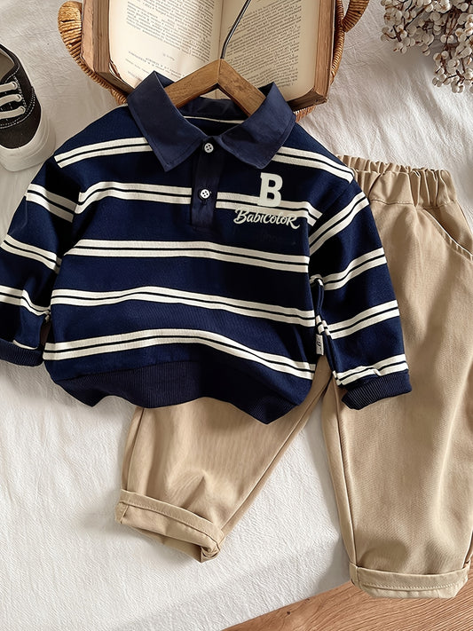 Boys' Cotton Blend Striped Lapel Set with Long Sleeve & Pants