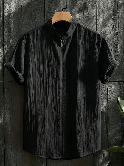 Men's Casual Elegant Short Sleeve Zipper Shirt with Stand Collar