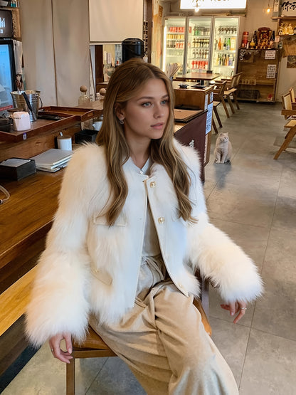 Women'S Elegant Faux Fur Coat - Chic Long Sleeve, Button-Up Front, Loose Fit, Solid Color, Perfect for Fall/Winter Casual Outings, Stylish Outerwear | Chic Long Sleeve | Sleek Design, Fur Coat For Women Winter, Fur Coat Women