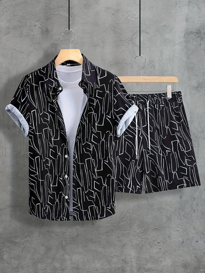 Men'S Summer Casual Short Sleeve Shirt and Shorts Set, Geometric Pattern, Square Neck, Regular Fit, 100% Polyester, Woven Fabric, 120g/m² - Black
