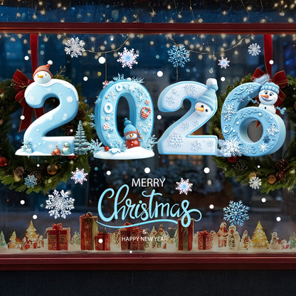 2026 Christmas & New Year Glass Stickers - Winter Snowflake & Snowman Self-Adhesive Irregular Shape Glittery Matte Finish with 2026 Number Design,  & White Winter Theme with Penguins, Holly & Snowflakes - One-Time Use for, Do