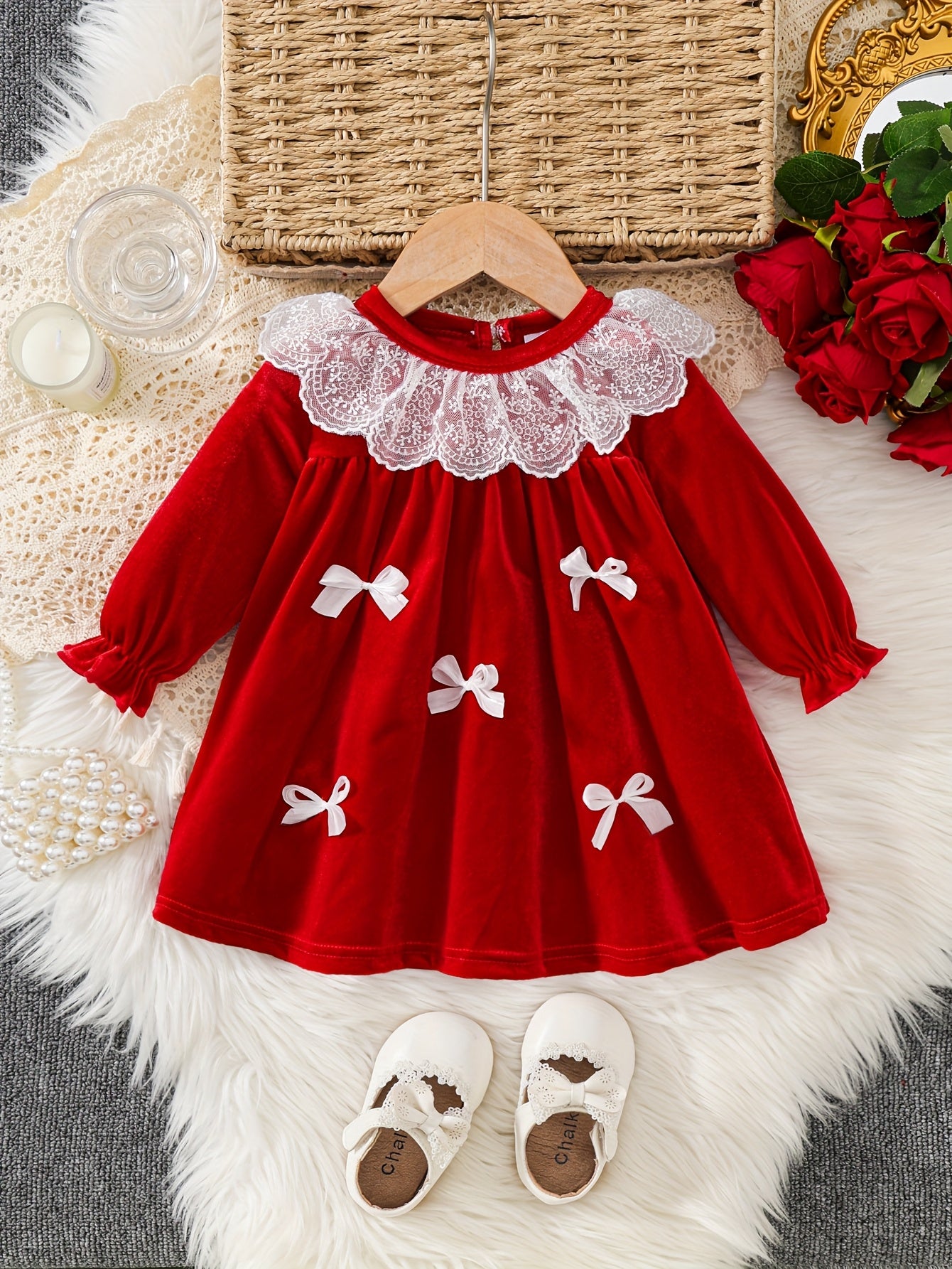 1pc Baby Girl's Red Lace Dress with Ruffled Collar & Bow Back - Long Sleeve Winter Party Dress for Christmas, New Year, Weddings - Soft Warm Outfit (Short Leg Opening, Machine Washable Clothing)