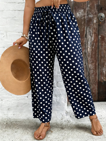 Women's Elegant Polka Dot Stretch Waist Tapered Pants