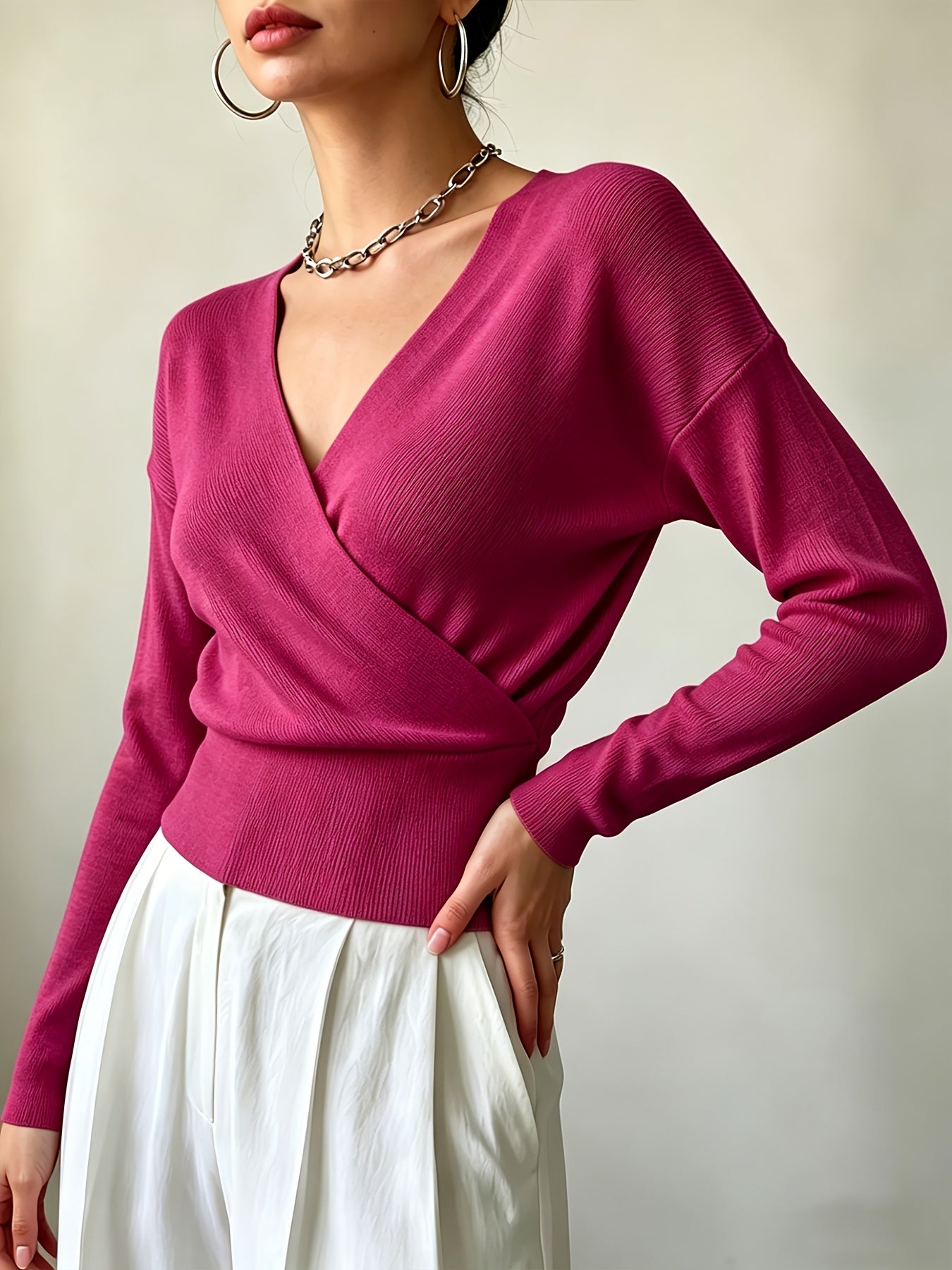 Women's Elegant Cross-Collar V-Neck Pullover Knitwear for Fall/Winter