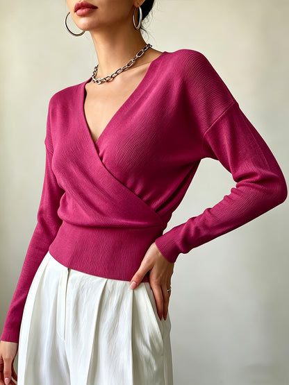 Women's Elegant Cross-Collar V-Neck Pullover Knitwear for Fall/Winter