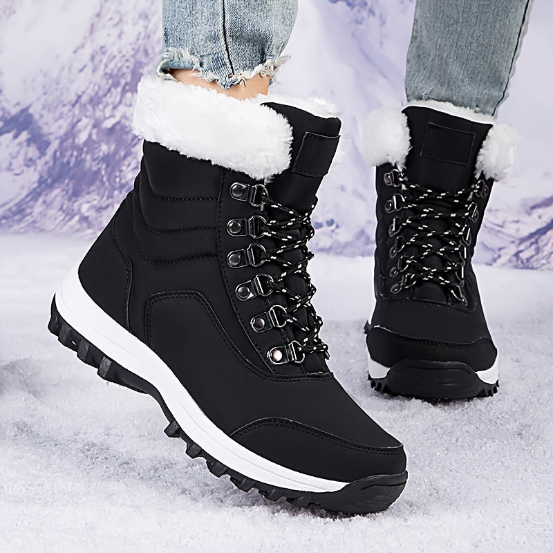 Women's Winter Boots with Fau - High-Top Snow Boots with Buckle Strap & Spiked Traction, Round Toe Synthetic /Nylon-like, Plush & Rubber Sole for Ice Walking, Snowshoe Boots (Black), Winter Boots For Women, Snow Boots Women,