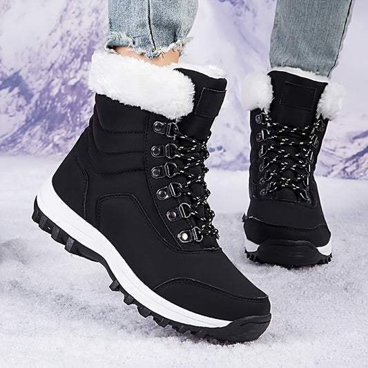 Women's Winter Boots with Fau - High-Top Snow Boots with Buckle Strap & Spiked Traction, Round Toe Synthetic /Nylon-like, Plush & Rubber Sole for Ice Walking, Snowshoe Boots (Black), Winter Boots For Women, Snow Boots Women,