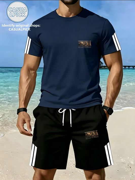 Men's Casual Short-Sleeve Top and Shorts Set with Print