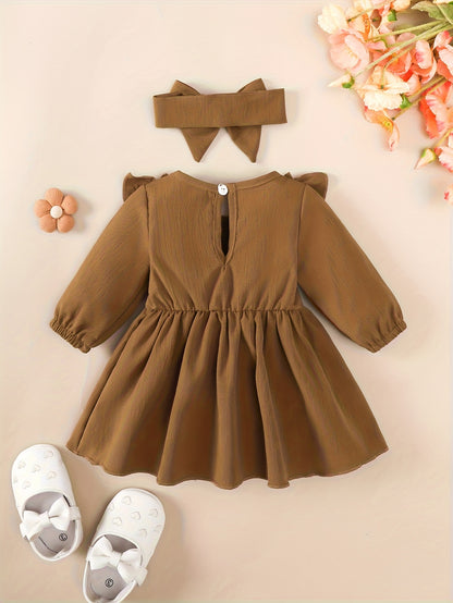 1-18 Months Girls' Red Dress | Christmas New Year Festival Party Wear with Headband, Princess Style, Autumn-Winter Collection, Crew Neck, Long Sleeve, Knee High, Flared Hem