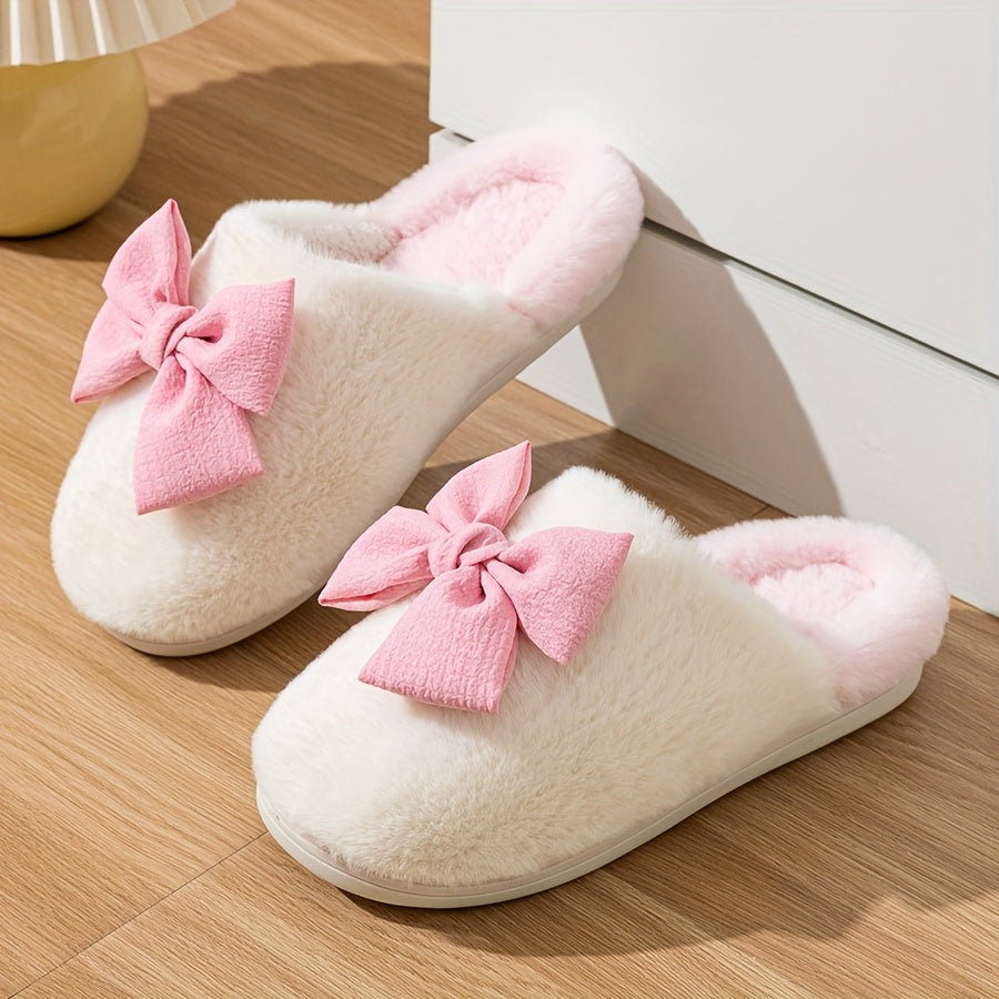 Women'S Cozy Winter Slip-On Slippers with Large Bow Detail - Soft Corduroy, Non-Slip TPR Sole, Warm Fabric Lining for Indoor Comfort, Cute Slippers