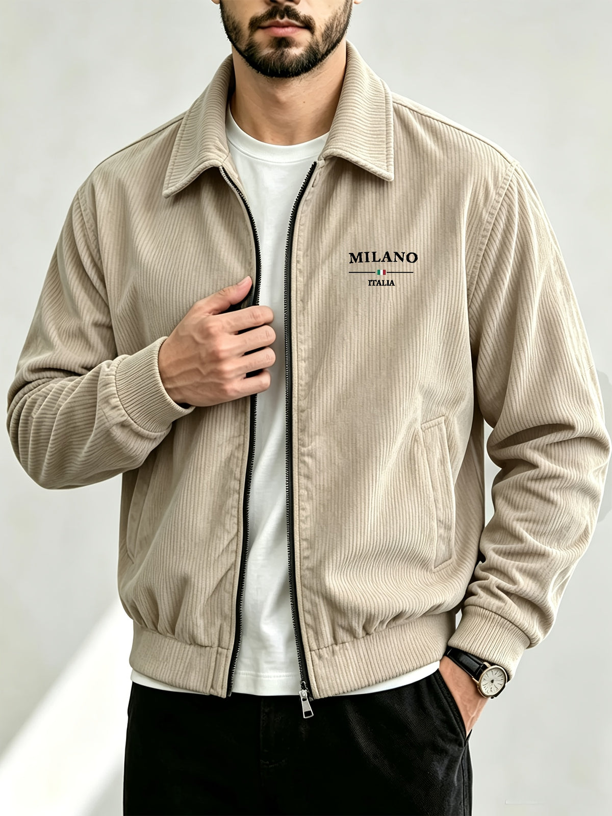 Men's Corduroy Zipper Jacket with Lapel Collar for Spring/Fall