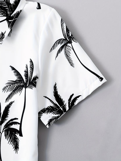 2pcs Boys Casual Coconut Tree Graphic Print Short Sleeve Lapel Shirt & Shorts Set, Comfy Summer Boys Clothing For Daily & Outdoor Wear