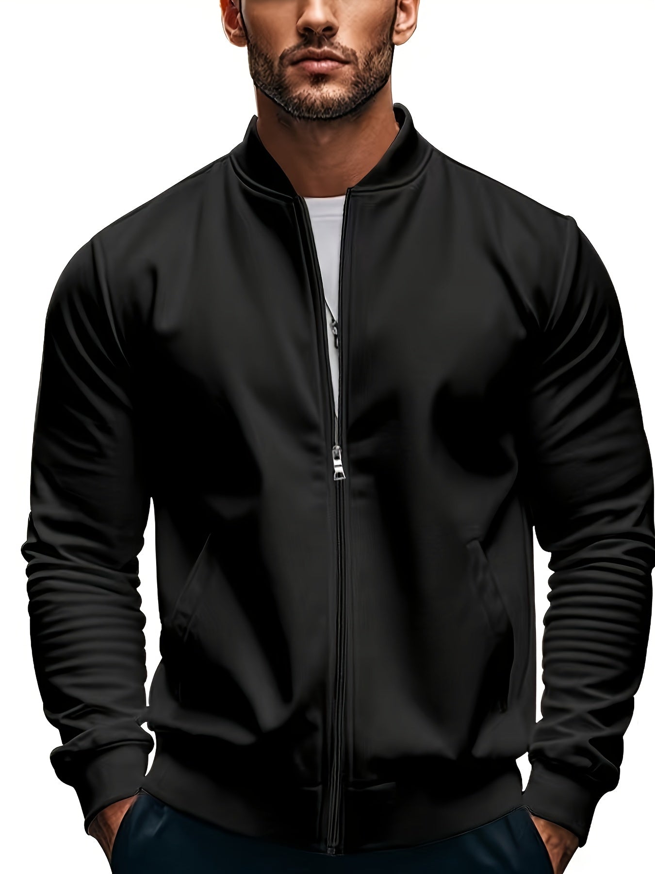 Men's Lightweight Stand Collar Jacket - Olive Green Softshell Zipper Jacket with Pockets, Regular Fit for Spring/Fall Hiking & Casual Outdoor Wear, Hiking Accessories