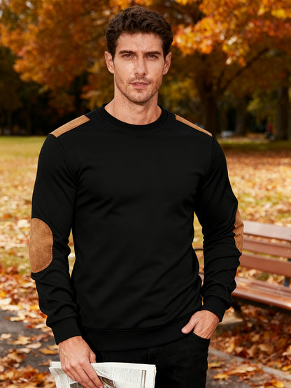 Men'S Classic Fashion Crew Neck Long-Sleeved Top | Light and Comfortable Fabric with Contrast Beige Patches for Enhanced Durability, Regular Fit, Ideal for Daily Leisure, Street Fashion, Outdoor Activities, and Light Fitness
