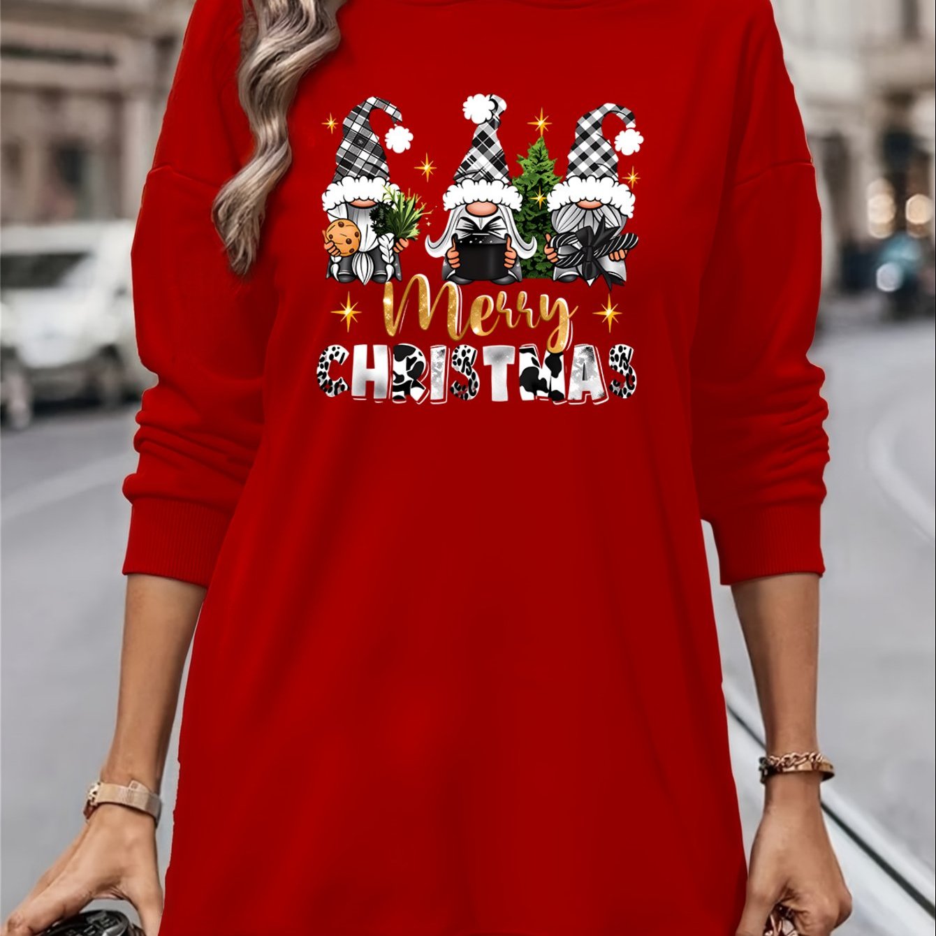 Women's Christmas Gnome Print Hooded Sweatshirt Dress - Soft Slim Fit Sweater Dress with Holiday Cheer Gnome Patterns, All-Season Casual Dress for Christmas Party Outfits (Machine Washable)