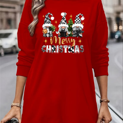 Women's Christmas Gnome Print Hooded Sweatshirt Dress - Soft Slim Fit Sweater Dress with Holiday Cheer Gnome Patterns, All-Season Casual Dress for Christmas Party Outfits (Machine Washable)