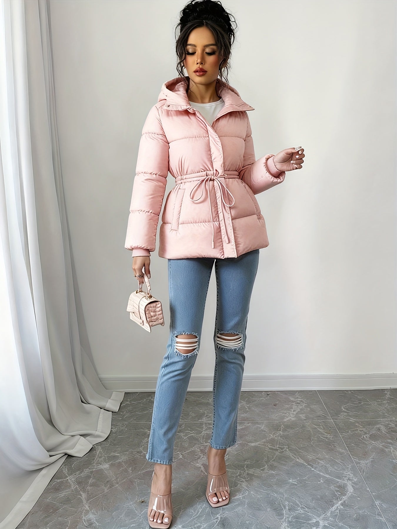 Women'S Elegant Black Puffer Jacket - Mid-Length Loose Fit with Adjustable Drawstring Waist, Long Sleeves, and Front Zipper, Casual Winter Outerwear for Cold Weather, Winter Jacket