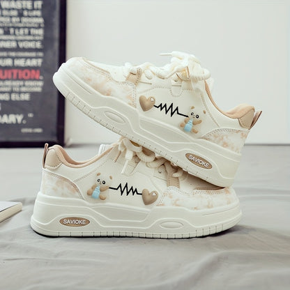 Women's White Mid-Top Sneakers with Bear  Heart Stripes Design - PU Cover  Upper, Thick Cushioned PVC Sole - Trendy Casual Shoes for All-Season Comfort