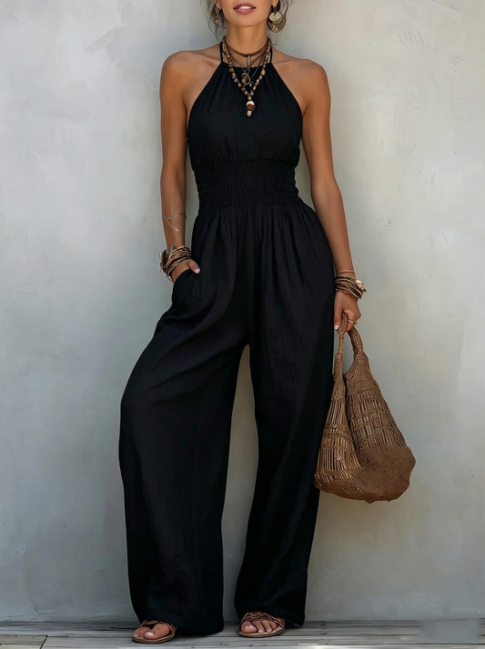 Women's Bohemian Sleeveless Jumpsuit with Wide-Leg Pants and Pockets