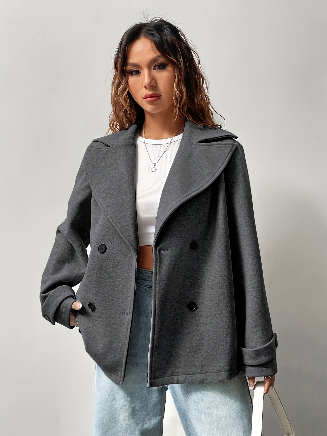 Women's Casual Solid Color Double-Breasted Coat, Autumn/ Winter