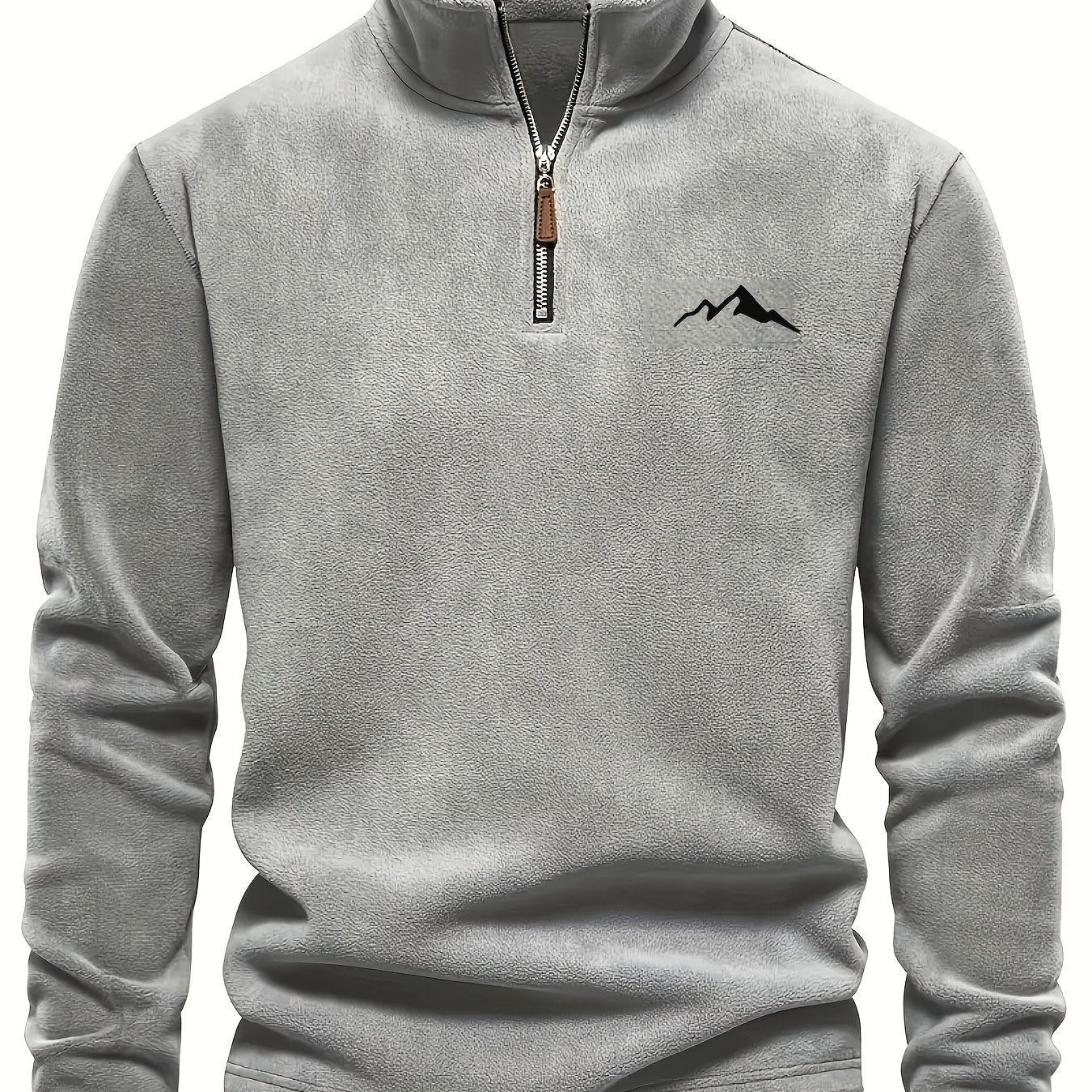 Men's Heavy-Duty Fleece-Like Winter Jacket with Full-Zip Closure & Mountain Logo Embellishment - Stand Collar Long Sleeve H-Shape Silhouette, Brown/White, Machine Washable Cold Weather Skiing & Outdoor Coat (No Belt)