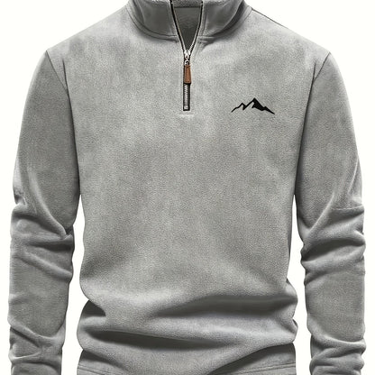 Men's Heavy-Duty Fleece-Like Winter Jacket with Full-Zip Closure & Mountain Logo Embellishment - Stand Collar Long Sleeve H-Shape Silhouette, Brown/White, Machine Washable Cold Weather Skiing & Outdoor Coat (No Belt)