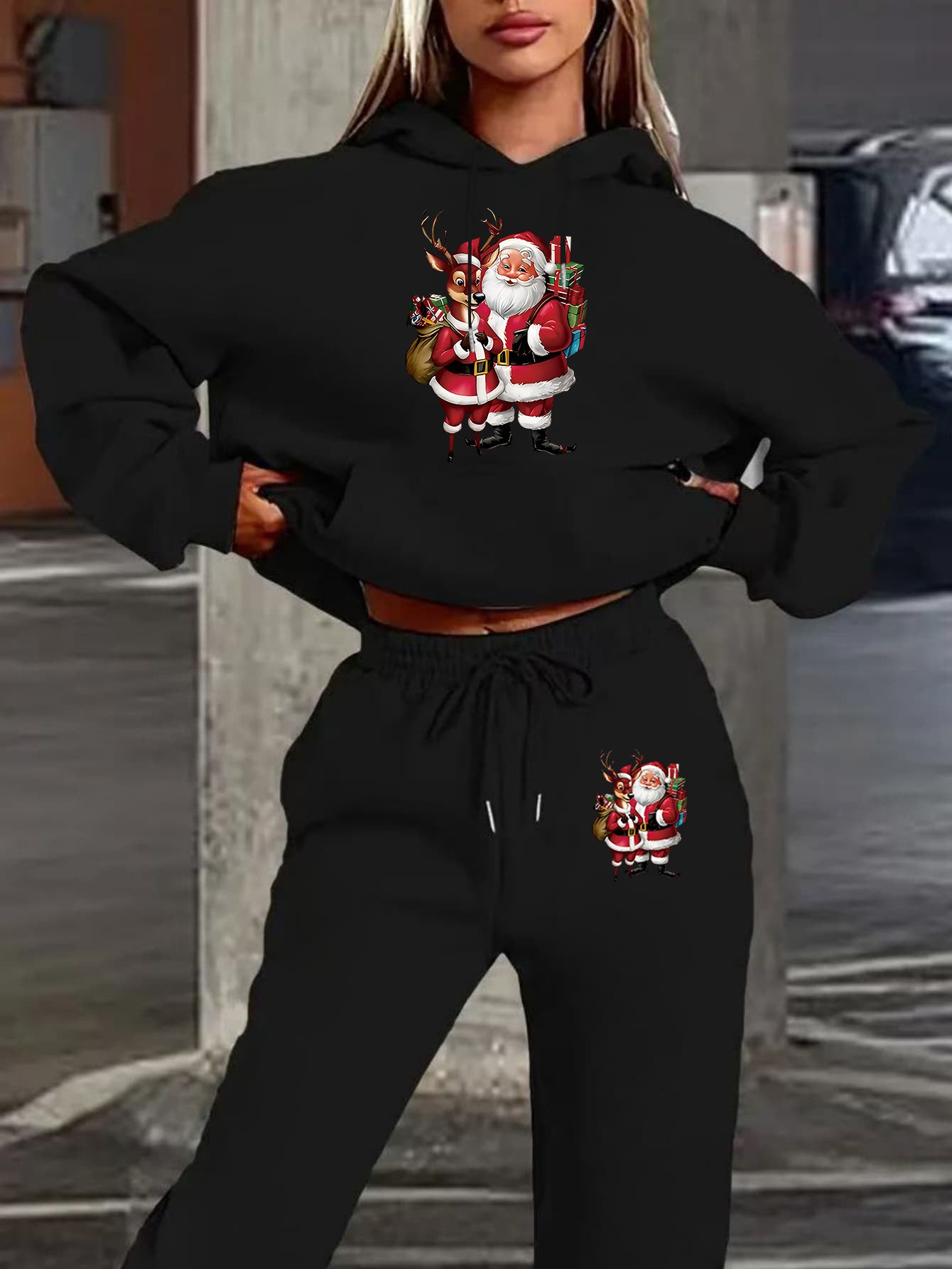 Women's winter clothing Santa Claus printed Women's velvet hooded sweater set