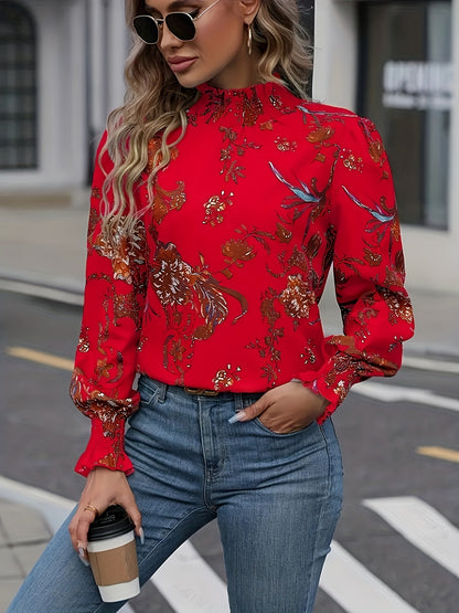 Women's Elegant Chinese-Inspired Peony & Bird Floral Print Blouse - Red High Neck Long Sleeve Shirt with Ruffled Collar &, Wrinkle-Resistant Machine Washable All-Season Top for, Wedding Guest, Casual Outfits (Non-