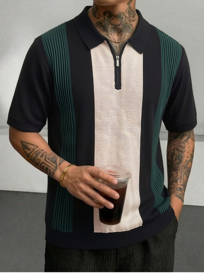 Men's Striped Knit Polo Shirt with Half-Zip for Summer Workwear