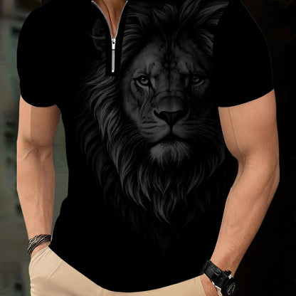 Men's Zip Shirt Short Sleeve Summer Trendy Lion Print Collar T-Shirt Business Casual Slim Fit Men's Top Women's Clothing