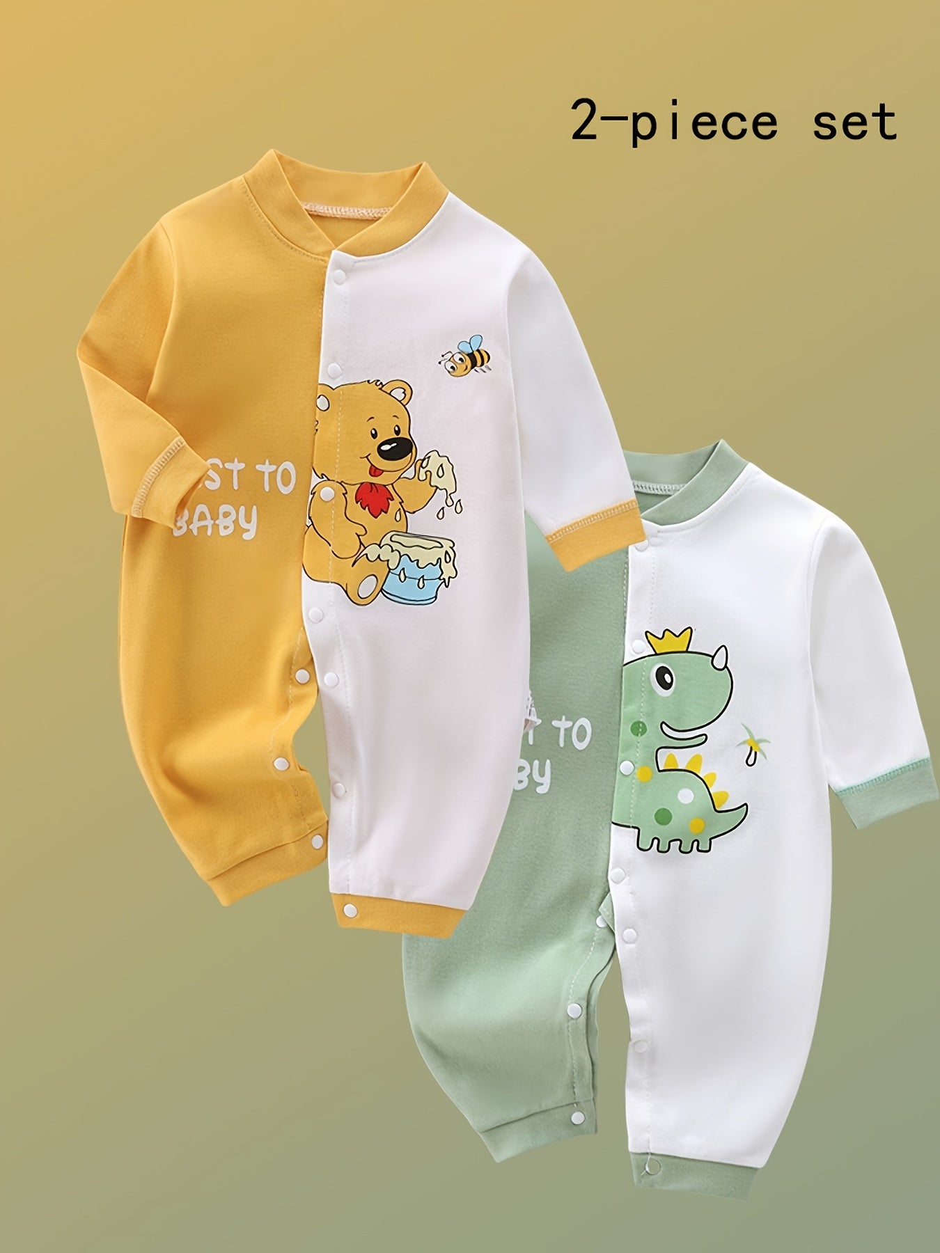 2pcs Cotton Baby Jumpsuits with Teddy & Dinosaur Patterns