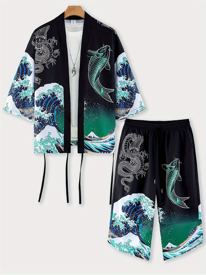 Men's Kimono Set with Carp Leaping Over the Dragon Gate Pattern