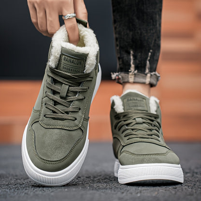 Men's Mid-Top Lace-Up Boots with Warm Plush Lining for Comfortable Winter Outdoor Street Walking and Strolling, Winter Boots