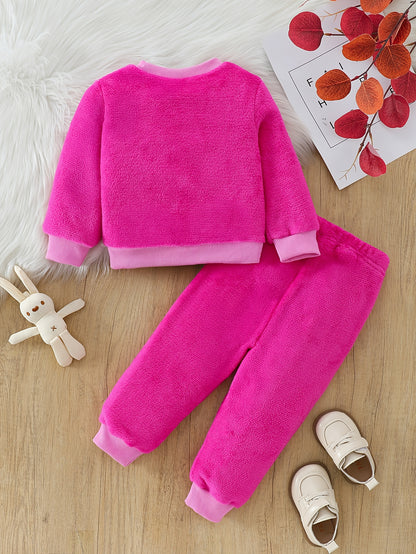 Adorable Cartoon Rabbit Embroidered Two-Piece Set for Youngsters - Soft Coral Fleece Outfit with Matching Pants, Perfect for Fall/Winter Casual Wear, Youngsters'S Playwear|Playful Design|Stretchy Fabric, Youngsters Girl Cloth