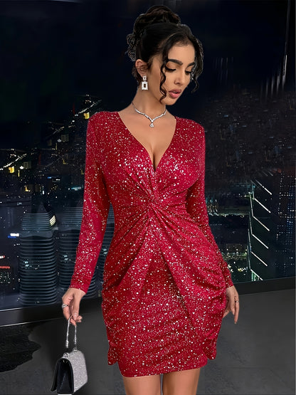 Women'S Elegant V-Neck Long Sleeve Dress with Twist Detail - Sparkling Party & Formal Dress, Stretchy Fitted Fabric, Flattering Bodycon Silhouette for Evening Events, Office, Wedding - Spring/Fall/Summer Fashion, Cute Dresses