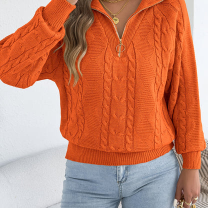 Autumn and Winter Leisure Vacation Pullover Sweater Solid Color Zipper Lapel Women's Sweater
